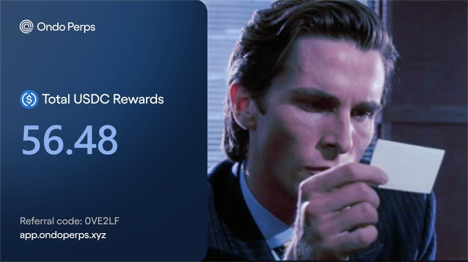 A promotional graphic for Ondo Perps showing a Total USDC Rewards figure of 56.48, with referral code OVE2LF and app.ondoperps.xyz, featuring a man in a suit examining a card.