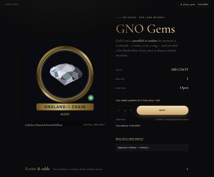 A webpage for 'GNO Gems' on the Gnoland Mainnet featuring a 'Colorless Diamond Round Brilliant' gem priced at 100 GNOT, with a Mint button and showing a balance of 11.58 GNOT.