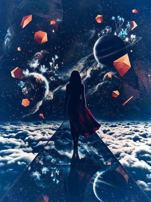 A digital illustration of a silhouetted woman in a flowing red dress walking along a reflective path above the clouds, gazing at a cosmic scene with planets, floating orange crystals, and glowing blue flowers.