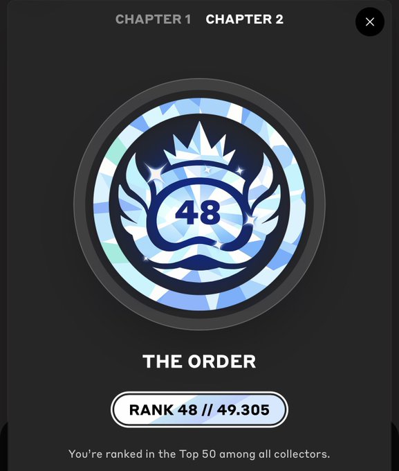 A digital achievement screen displaying 'THE ORDER' with a crown emblem containing the number 48, showing 'RANK 48 // 49,305' and text stating 'You're ranked in the Top 50 among all collectors.'