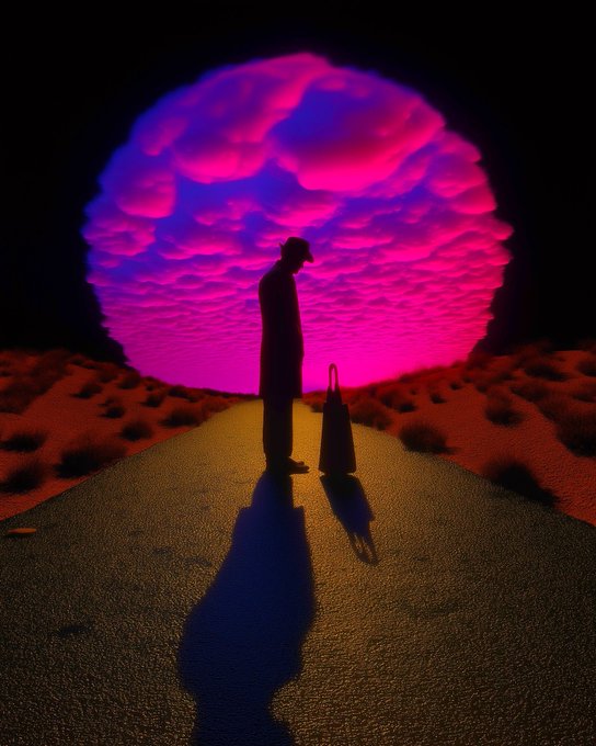 A surreal, colorful illustration of a silhouetted figure wearing a hat and holding a bag, standing on a road facing a large, vibrant pink and purple glowing portal or sphere in a desert landscape.