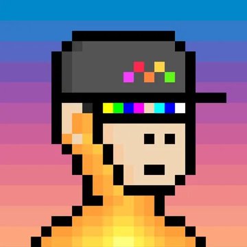 A pixel art illustration of a character with a colorful cap and orange shirt against a pink and purple gradient background.