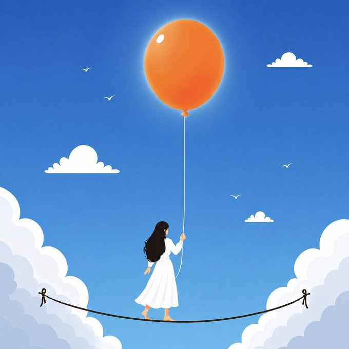A stylized digital illustration of a girl in a white dress walking on a tightrope between clouds, holding an orange balloon that lifts her up, with birds flying in the blue sky background.