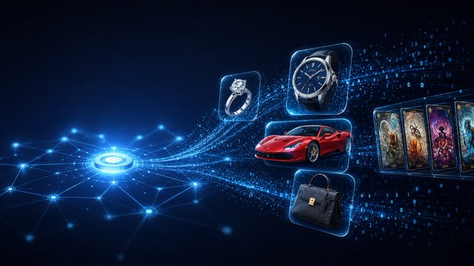 A digital marketplace or e-commerce concept image showing luxury items including watches, a red sports car, a handbag, and trading cards floating in a blue networked/digital space.