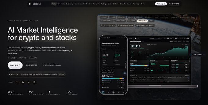 A promotional webpage for Spectre AI displaying 'AI Market Intelligence for crypto and stocks' with a dashboard showing $28.41B and 56.7% metrics on a phone and laptop mockup.