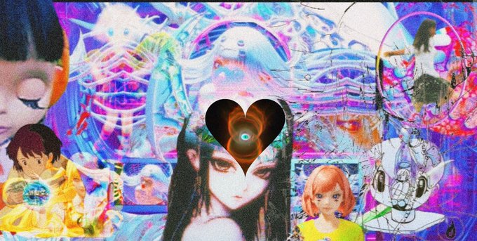 Vibrant, psychedelic collage artwork featuring anime-style figures, surreal imagery, and a central heart-shaped logo with a glowing eye design in various pink, purple, and blue hues.
