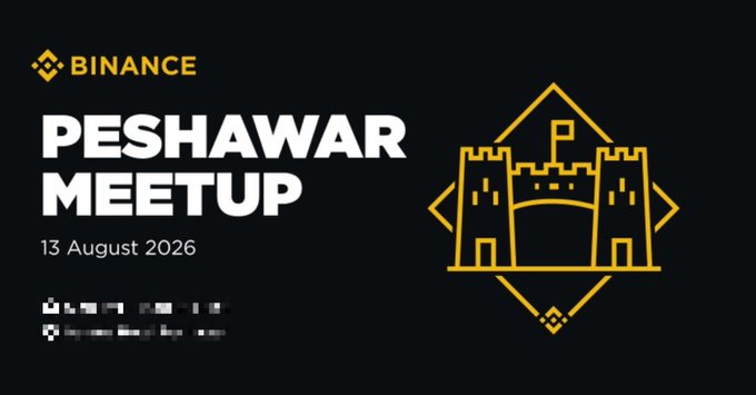 Binance promotional banner for a "Peshawar Meetup" on 13 August 2026, featuring a gold line illustration of the iconic Bab-e-Peshawar gateway against a black background, directly advertising the in-person gathering highlighted in the post.