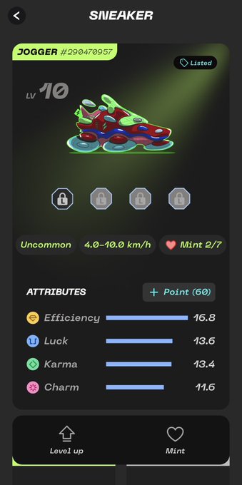 A sneaker NFT detail screen showing a 'JOGGER #290470957' at Level 10 with attributes for Efficiency (16.8), Luck (13.6), Karma (13.4), and Charm (11.6).