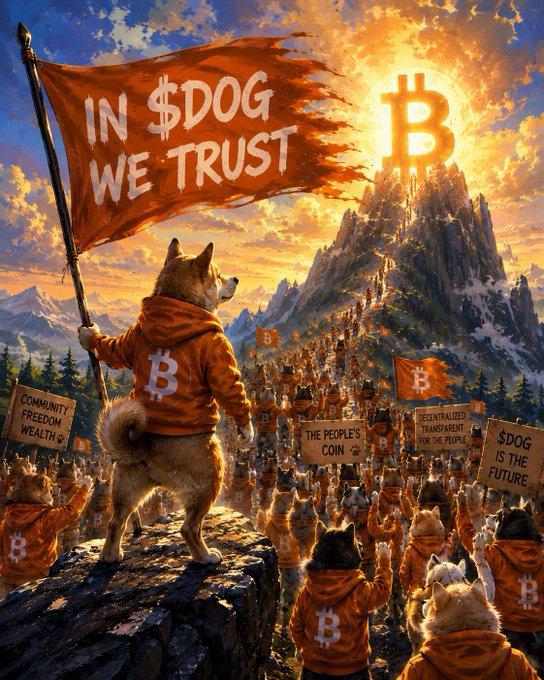 An artistic digital illustration shows a Shiba Inu wearing an orange hoodie with a Bitcoin 'B' logo, holding a flag reading 'IN $DOG WE TRUST' before a crowd of similarly dressed dogs, with a glowing Bitcoin symbol on a mountain and signs like '$DOG IS THE FUTURE' and 'THE PEOPLE'S COIN'.