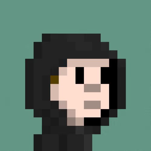 A low-resolution pixel art face with dark hair and pale skin on a teal background.