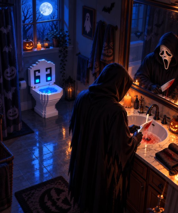 A stylized Halloween-themed illustration of a cloaked figure holding a knife in a bathroom, with a pixel-art toilet featuring glowing blue eyes, candles, pumpkins, and a Ghostface reflection in the mirror.