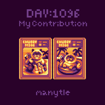 A pixel-art style image with purple background displaying the text 'DAY:1036 MyContribution' and 'manytl', featuring two 'KHUBBY MIGG' cards showing a cartoon character in beach and poolside scenes.