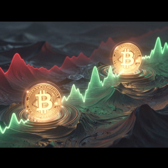 Two glowing Bitcoin coins hover over a wavy, dark landscape with green and red chart lines in the background, illustrating cryptocurrency market volatility.