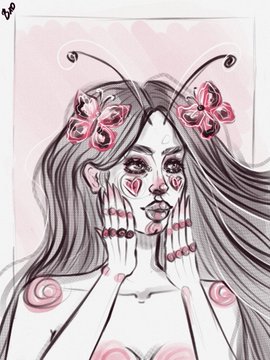 An illustration of a girl with long hair, butterflies in her hair, and heart-shaped tear marks on her face, drawn in pink and grey tones.
