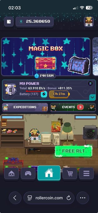 The image shows a phone screen displaying information about a video game called "Magic Box" with a total of 15 achievements, including one for each level completed. The user has earned a total of 13 achievements so far. The app also provides details on how much money can be earned from playing the game and offers an option to share the earnings with others by using the rollercoin.com website.