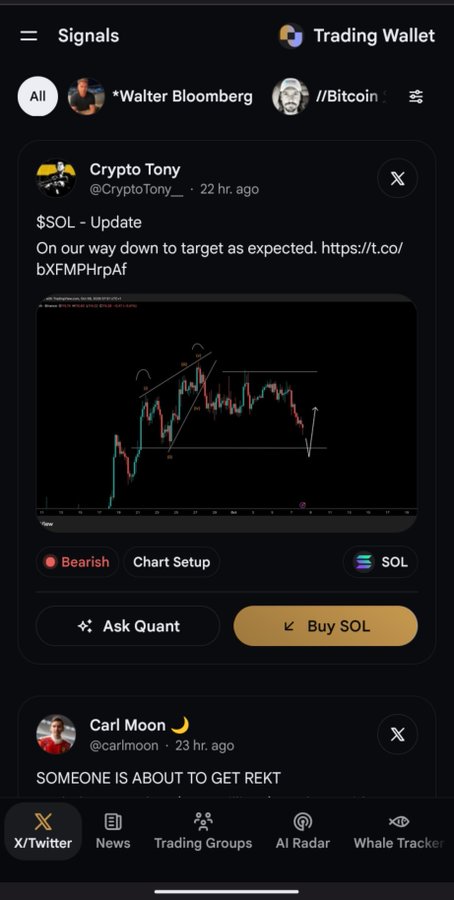 A mobile app screenshot of a 'Signals' trading feed showing a bearish post by 'Crypto Tony @CryptoTony_' about SOL ($SOL) with chart analysis, and a partial post by 'Carl Moon' saying 'SOMEONE IS ABOUT TO GET REKT'.
