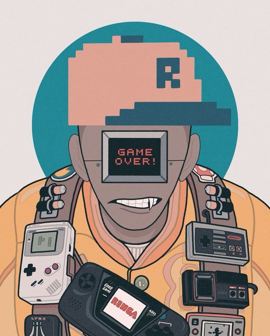 An illustrated portrait of a character wearing a pixelated pink hat with an 'R' logo, a visor displaying 'GAME OVER!', and an orange jacket. They are surrounded by retro video game hardware, including a Game Boy, Lynx, NES controller, and a Sega Genesis.