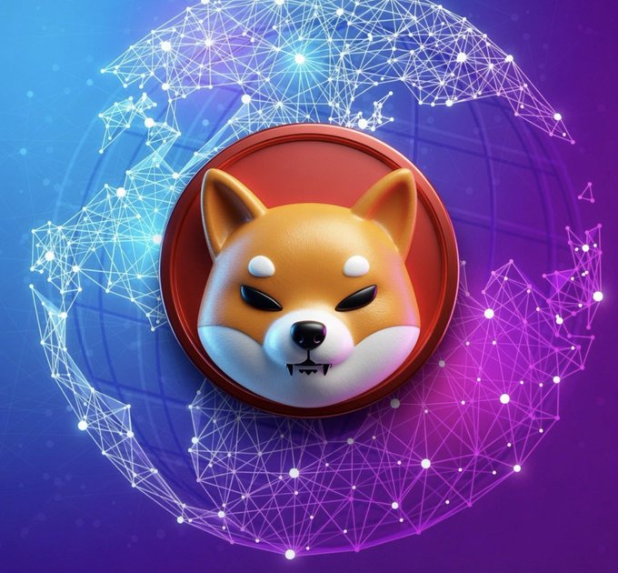 Stylized 3D rendering of a Shiba Inu dog face on a red circular badge, set against a network of glowing connected nodes in blue and purple.