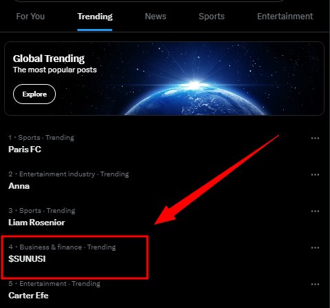 A Twitter/X 'Trending' sidebar displays 'Global Trending' at the top, followed by categories like Sports, Entertainment, and Business & finance, with a red arrow and box highlighting '4 - Business & finance · Trending $$$UNUSI'.