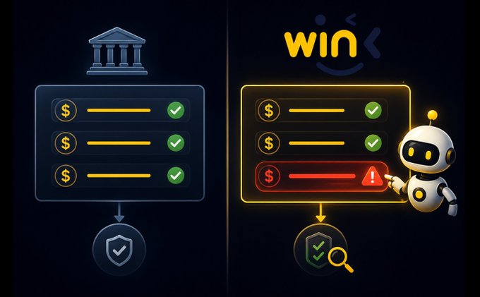 An infographic comparing traditional banking with AI-powered verification, showing a bank icon and shield on the left versus a robot, 'WIN' text, and a transaction with a warning alert on the right.
