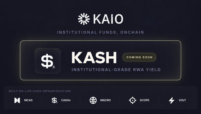 A promotional graphic for 'KAIO' advertising 'INSTITUTIONAL FUNDS, ONCHAIN' and the upcoming 'KASH' Institutional-Grade RWA Yield, built on live fund infrastructure including MCAS, CASHX, MACRO, SCOPE, and VOLT.