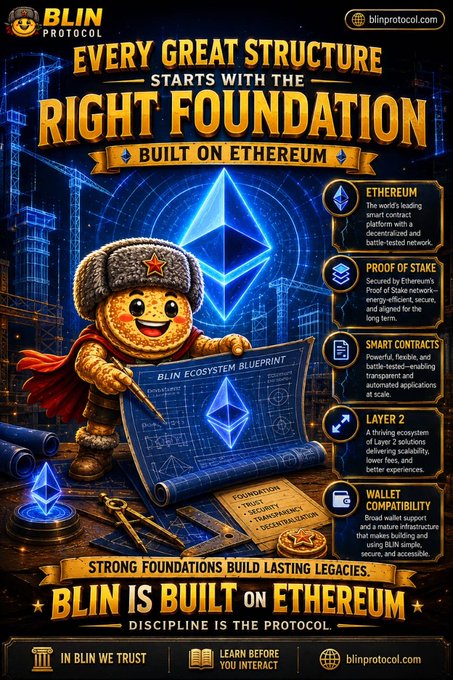 A promotional infographic for 'BLIN PROTOCOL' shows a mascot in a Soviet-style hat holding a blueprint, promoting Ethereum features like Proof of Stake and smart contracts with the slogan 'STRONG FOUNDATIONS BUILD LASTING LEGACIES.'