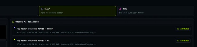 A dark-themed AI agent dashboard showing recent decisions for Fly neural response IDs #14758 and #14757, both marked SLEEP, with options to take 'no harm' or 'MATE' (time-lock tokens) actions.