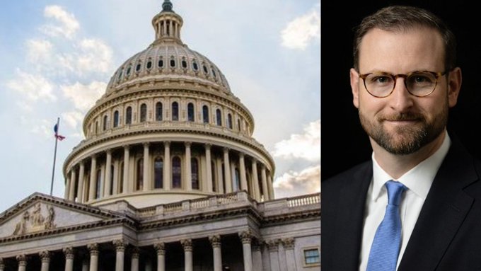 The image is a split composition: on the left, the U.S. Capitol dome is shown under a partly cloudy sky, symbolizing legislative activity, while on the right is a professional portrait of a man in a dark suit, white shirt, and blue tie with glasses and a beard—identified by the caption as White House crypto adviser Patrick Witt. Together, the visuals reinforce the post's message about progress on the Crypto CLARITY Act, pairing the figure behind the policy with the seat of Congress where such legislation is debated.