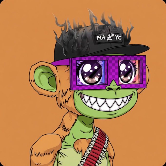 The image features a cartoon monkey wearing glasses, a hat with a "M" on it, and a gun strapped across its back. The monkey appears to be smiling and has a friendly demeanor. The background of the image is orange, which contrasts nicely with the monkey's attire. There are no other objects or text in the image besides the monkey and the orange background.