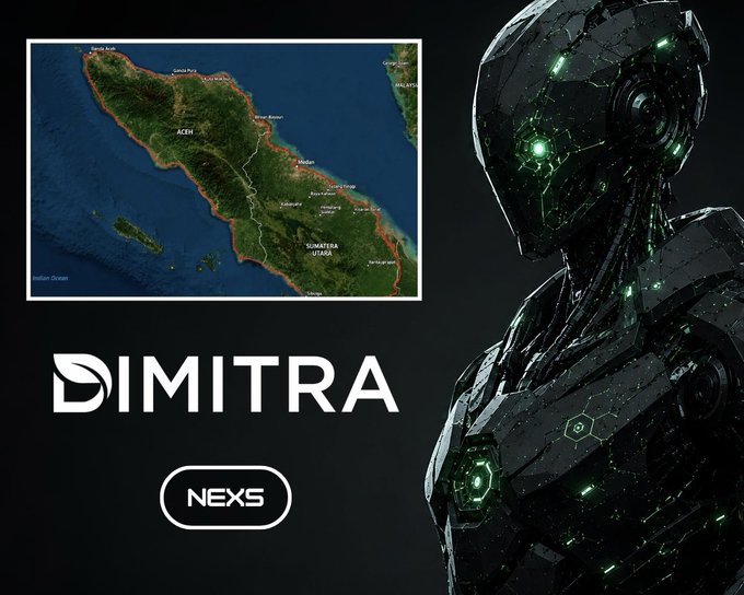A promotional graphic for Dimitra and NEXS featuring a map of Sumatra, Indonesia, next to a futuristic black and green robotic figure.