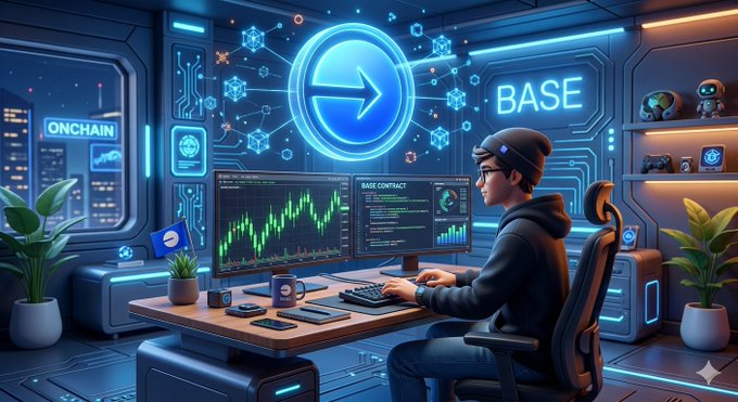 In this image, a man is sitting at his desk working on two monitors, with a coffee cup placed on the desk next to him. The room has futuristic elements such as blue neon lights and a futuristic style chair. A large screen or TV monitor displays data, likely related to charts and financial information, while another screen shows a network diagram that says "@base". The image also includes various icons and logos associated with different areas or functions of the modern office setting.