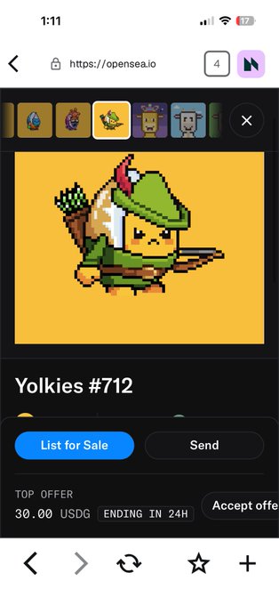 A mobile screenshot from opensea.io showing an NFT called 'Yolkies #712', a pixel art character, with a top offer of 30.00 USDG ending in 24H.