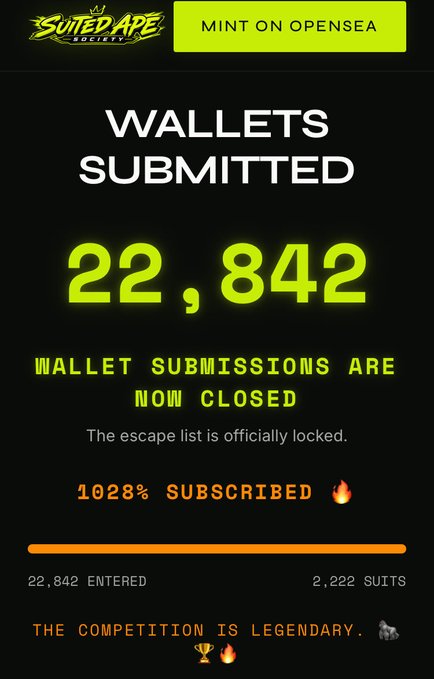 A promotional graphic for the "Suited Ape Society" NFT collection on OpenSea announces that wallet submissions are now closed, with a final count of 22,842 wallets entered against a supply of 2,222 Suits—representing 1,028% subscription. The image highlights the team has been carefully scanning and categorizing wallet addresses (including Future Ape, Bot Ape, and holders from top and scam projects) to determine mint eligibility for the highly competitive NFT drop.