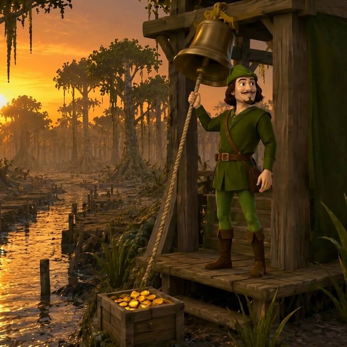 A mustachioed man dressed in green Robin Hood attire pulls a rope to ring a large golden bell atop a wooden structure, with a crate of gold coins glowing at sunset in the swamp below. The image captures the post's call to action, visually reinforcing the "green" gains and the "bell has rung" market moment.