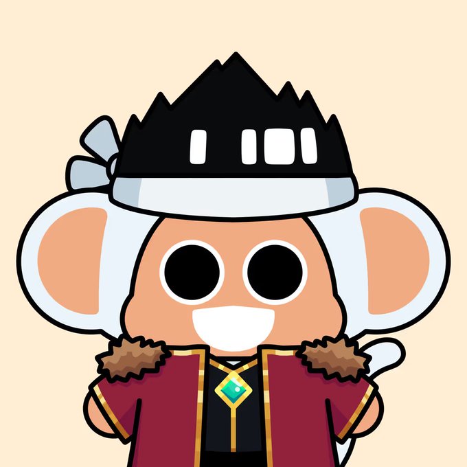 A cartoon illustration of a white mouse character wearing a black spiky helmet, a red robe with fur trim, a green gem pendant, and round black eyes.