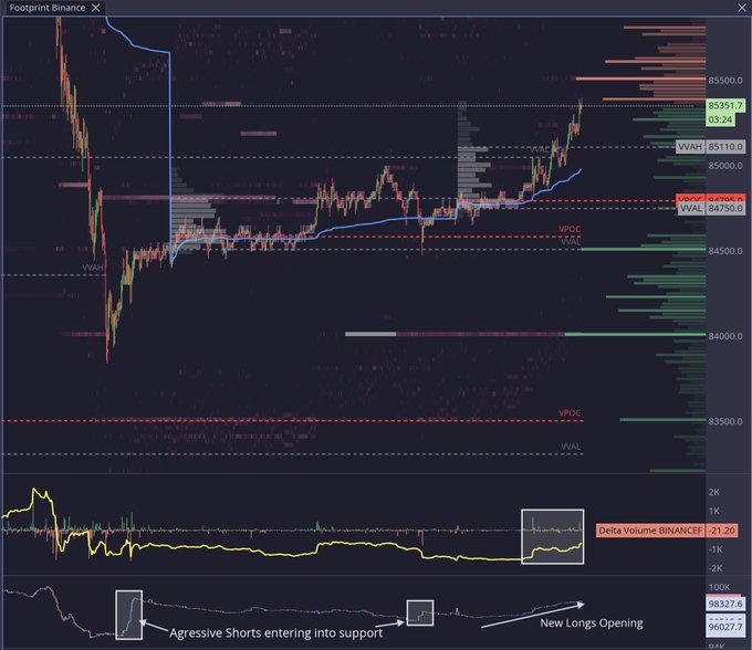 A cryptocurrency trading chart for Binance displays Bitcoin's price action with annotations including 'VPOC', 'VVAH', 'VVAL', 'Aggressive Shorts entering into support', 'New Longs Opening', and a 'Delta Volume BinanceEF' reading of -21.20.