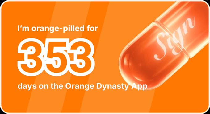 An orange graphic displaying the text "I'm orange-pilled for 353 days on the Orange Dynasty App" alongside an orange pill capsule containing the word "Sign".