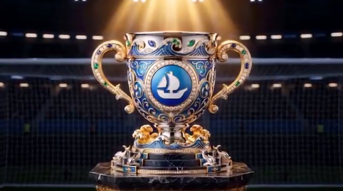 The image features a trophy with a sailboat design on it, placed on a pedestal or base. The trophy appears to be made of metal and has a blue and gold color scheme. The background shows a stadium filled with people watching a soccer game, indicating that this is likely an advertisement for the World Cup. The caption at the bottom of the image reads "Day 235 of posting @opensea until ระมายงสมีกั้นทองความารถามารทำลามารทิดยงสมีกั้นทองความารถามารทำลามารทิดยง", which suggests that the trophy is related to a soccer game and possibly minted for someone who has contributed significantly to the event.