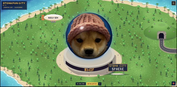 A screenshot of a website for $STONK, STONK FUN CITY, and STONK CITY SPHERE featuring a dog wearing a knitted beanie hat displayed on a white pedestal against a green island landscape.