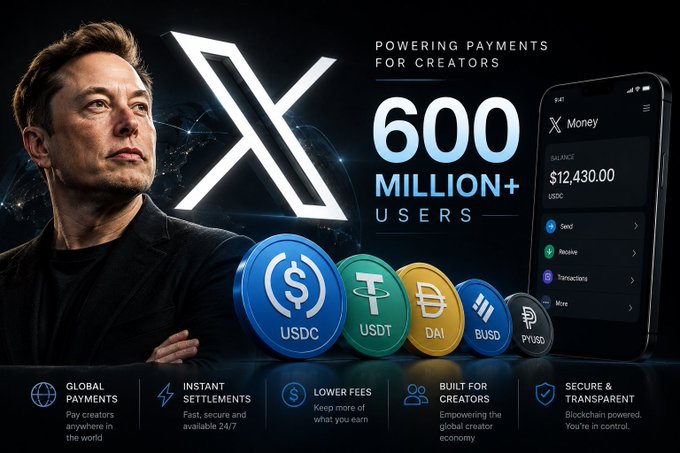 Promotional graphic featuring Elon Musk and the X logo, advertising 'X Money' with '600 MILLION+ USERS' and supported stablecoins including USDC, USDT, DAI, BUSD, and PYUSD, highlighting global payments, instant settlements, lower fees, and blockchain security.