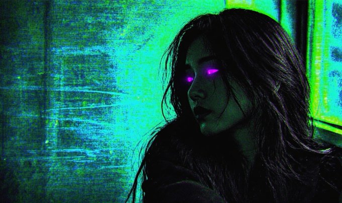 A moody, stylized photo of a woman with long dark hair in a green-lit room, her eyes glowing bright pink/magenta.
