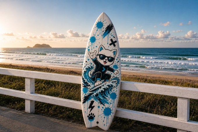 A stylish white surfboard featuring a cool cat making a rock-on gesture while riding a wave, adorned with paint splatters and bolts, leans against a wooden fence overlooking a scenic beach at sunset—embodying the laid-back, adventurous spirit of surfing the Web3 wave.