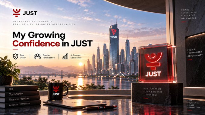 A promotional banner for 'JUST' cryptocurrency displaying 'My Growing Confidence in JUST' alongside a cityscape with the Tron building, highlighting features like 'Real Utility', 'Greater Participation', and 'A Stronger DeFi Future'.