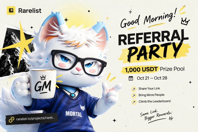 A promotional graphic for Rarelist featuring a white cat mascot in glasses holding a 'GM' mug, advertising a 'Good Morning! REFERRAL PARTY' with a 1,000 USDT prize pool from Oct 21-28, dated Oct 21, 2024.
