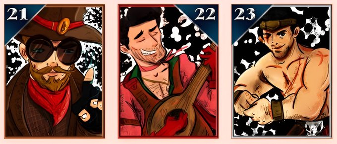 Three illustrated character cards numbered 21, 22, and 23, depicting a cowboy with sunglasses and red bandana, a smiling man in a red jacket with a guitar, and a shirtless muscular man in a yellow cap.