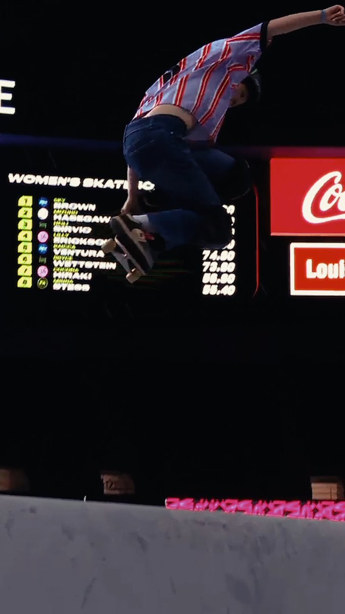 A skateboarder in a striped shirt and jeans catches air above a ramp, with the "Women's Skateboard" leaderboard behind her showing "HASEGAWA" atop the rankings — a visual testament to Mizuho Hasegawa's MVP-winning performance with 680 points.