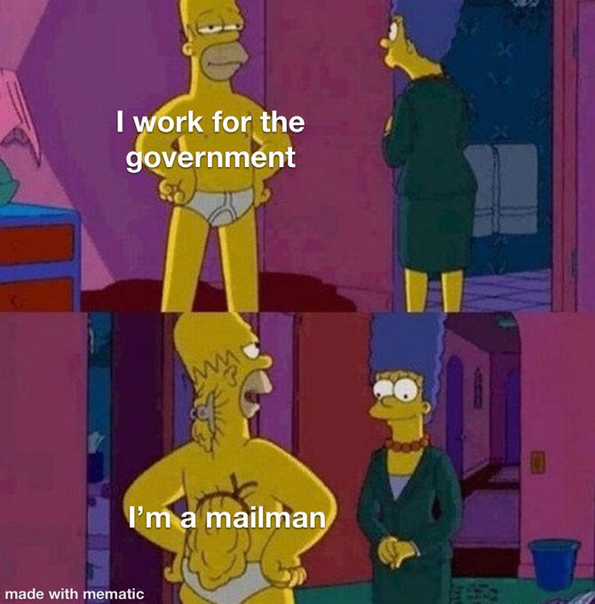 The image shows two cartoon characters, Homer Simpson and Marge Simpson, standing next to each other with Homer appearing to be making an odd face while Marge looks at him. The caption below the image reads "I work for the government", which is a reference to the TV show "The Simpsons".
