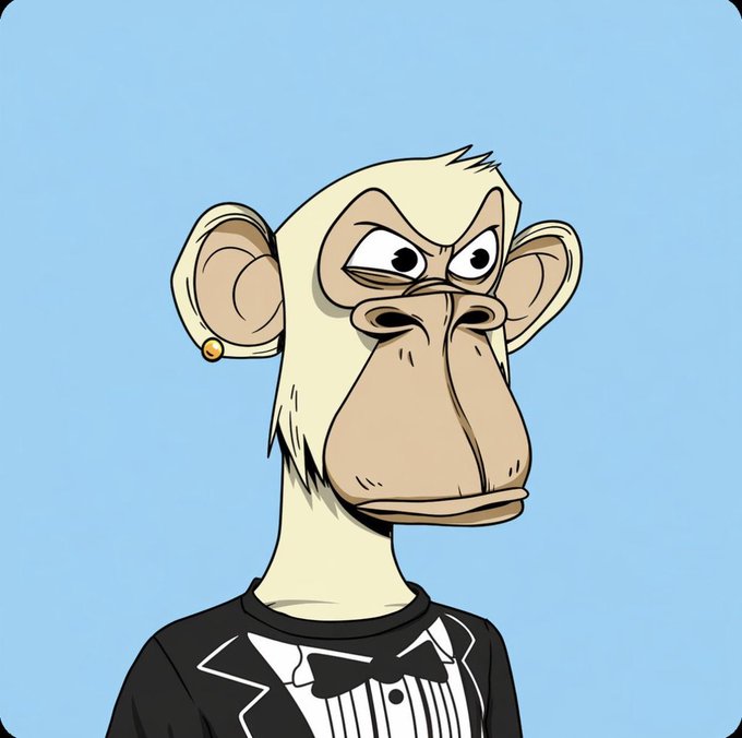 A cartoon illustration of a serious-looking monkey with large ears wearing a black tuxedo with a bow tie, set against a light blue background.