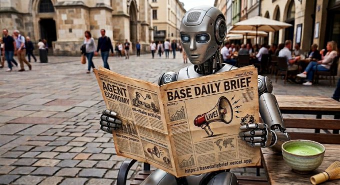 An AI-generated image of a humanoid robot sitting on a cobblestone street reading a newspaper titled 'BASE DAILY BRIEF' with section 'AGENT ECONOMY' and URL 'https://basedailybrief.vercel.app/', with a green matcha drink beside it.