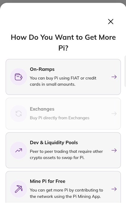 A mobile app screen titled 'How Do You Want to Get More Pi?' listing options: On-Ramps, Exchanges, Dev & Liquidity Pools, and Mine Pi for Free.